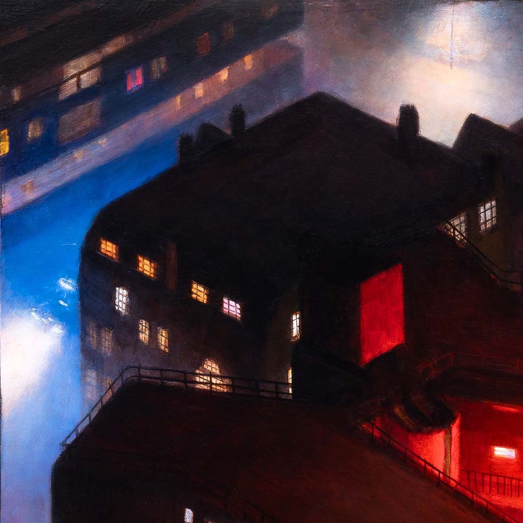 A detail crop taken from 'The Bethnal Green School of Rocket Science' - Sulkin House, Knottisford Street, E2 - 2026 - Lawrence Brand - Oil on Wooden Panel - 61x61cm