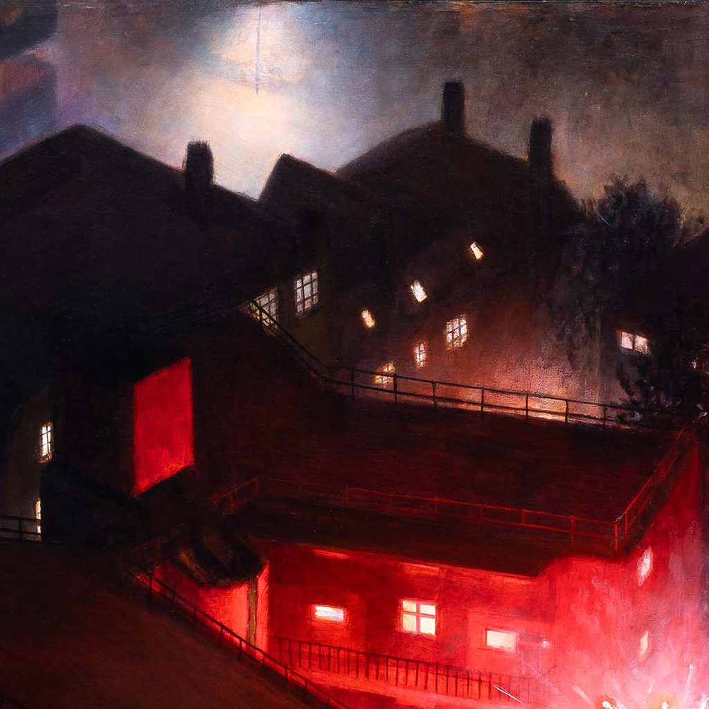 A detail crop taken from 'The Bethnal Green School of Rocket Science' - Sulkin House, Knottisford Street, E2 - 2026 - Lawrence Brand - Oil on Wooden Panel - 61x61cm