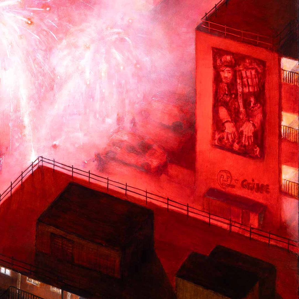 A detail crop taken from 'The Bethnal Green School of Rocket Science' - Sulkin House, Knottisford Street, E2 - 2026 - Lawrence Brand - Oil on Wooden Panel - 61x61cm